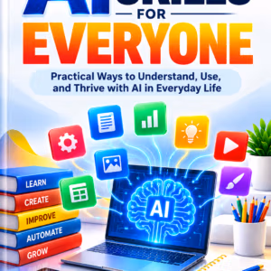 **Benefits of Reading AI Skills for Everyone** *AI Skills for Everyone* helps beginners develop practical AI skills for studying, working, writing, and everyday tasks. Its ten chapters combine clear explanations, useful examples, and exercises you can apply at your own pace. 1. **Understand AI without a technical background** Learn what AI can do, where it falls short, and how to use it responsibly. 2. **Write clearer prompts** Give better instructions by defining your goal, audience, source information, and preferred output. 3. **Improve everyday productivity** Explore ways to organize notes, draft updates, prepare outlines, and reduce repetitive work. 4. **Check accuracy with greater confidence** Learn to recognize invented information, verify sources, and correct misleading answers. 5. **Protect sensitive information** Understand what to check before sharing personal details, customer data, or confidential documents. 6. **Choose tools that fit your needs** Compare capabilities, costs, usage limits, and practical value before committing to a tool. 7. **Strengthen writing and communication** Practice improving clarity, adapting content for different readers, and preserving the meaning of your original text. 8. **Apply AI to real situations** Use examples covering study questions, workplace updates, product descriptions, freelance proposals, and personal organization. 9. **Build repeatable workflows** Create reusable prompts and review checklists that help you produce more consistent results. 10. **Follow a structured learning plan** Turn the lessons into daily practice with a 30-day action plan and a final skills checklist. **Designed for comfortable reading:** The illustrated edition includes 22 topic-matched images, clear headings, and readable 14-point text to support learning and quick reference.