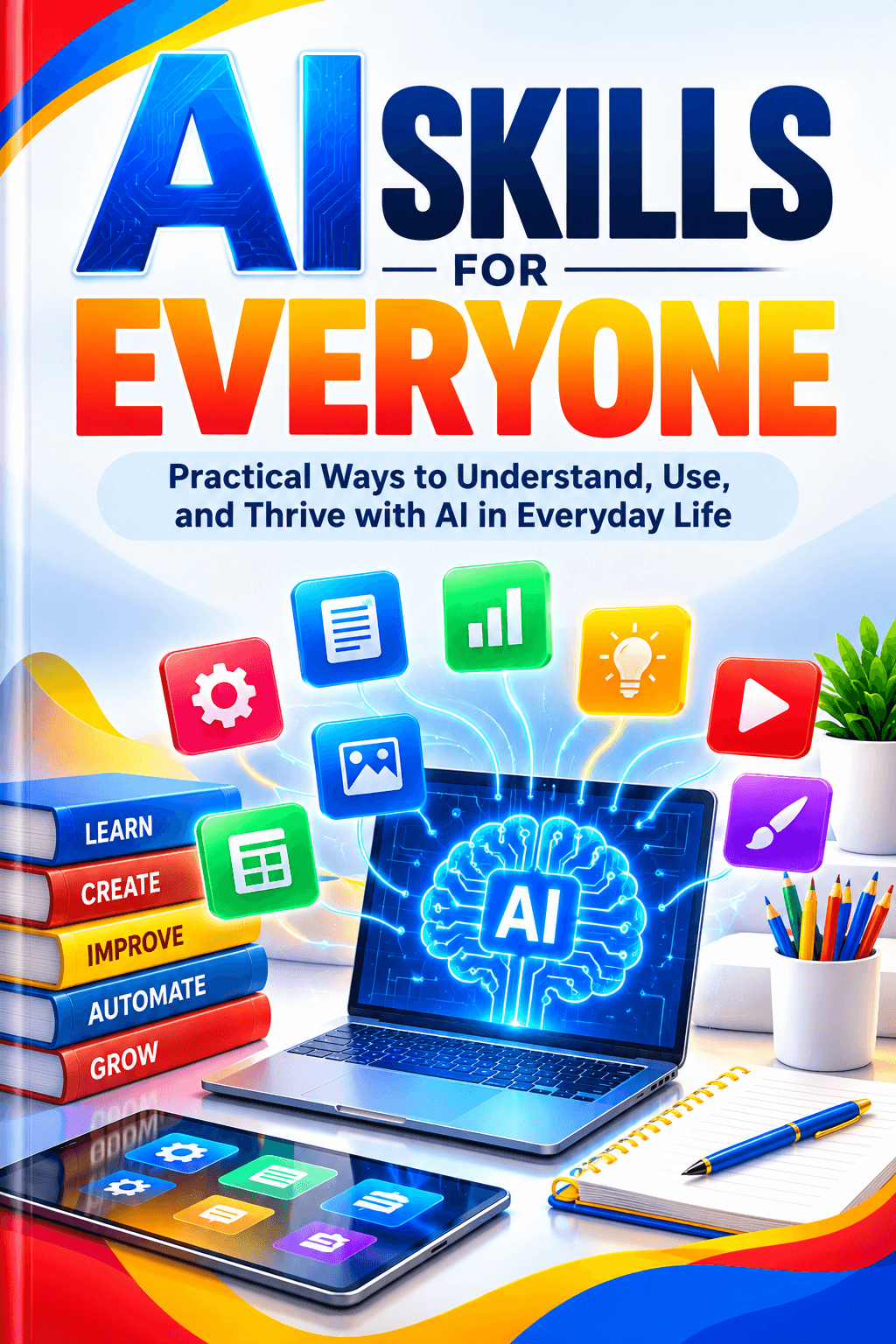 **Benefits of Reading AI Skills for Everyone** *AI Skills for Everyone* helps beginners develop practical AI skills for studying, working, writing, and everyday tasks. Its ten chapters combine clear explanations, useful examples, and exercises you can apply at your own pace. 1. **Understand AI without a technical background** Learn what AI can do, where it falls short, and how to use it responsibly. 2. **Write clearer prompts** Give better instructions by defining your goal, audience, source information, and preferred output. 3. **Improve everyday productivity** Explore ways to organize notes, draft updates, prepare outlines, and reduce repetitive work. 4. **Check accuracy with greater confidence** Learn to recognize invented information, verify sources, and correct misleading answers. 5. **Protect sensitive information** Understand what to check before sharing personal details, customer data, or confidential documents. 6. **Choose tools that fit your needs** Compare capabilities, costs, usage limits, and practical value before committing to a tool. 7. **Strengthen writing and communication** Practice improving clarity, adapting content for different readers, and preserving the meaning of your original text. 8. **Apply AI to real situations** Use examples covering study questions, workplace updates, product descriptions, freelance proposals, and personal organization. 9. **Build repeatable workflows** Create reusable prompts and review checklists that help you produce more consistent results. 10. **Follow a structured learning plan** Turn the lessons into daily practice with a 30-day action plan and a final skills checklist. **Designed for comfortable reading:** The illustrated edition includes 22 topic-matched images, clear headings, and readable 14-point text to support learning and quick reference.