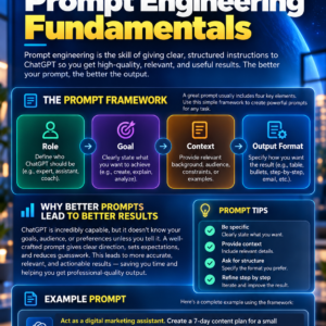 ## Benefits of *Prompt Engineering for Beginners* *Prompt Engineering for Beginners* is designed to help readers move from vague AI requests to clear, structured, professional prompting. The book explains prompt engineering as a practical communication skill rather than a collection of “secret words,” and it teaches readers how to define goals, audience, context, requirements, constraints, and output formats more effectively. Prompt_Engineering_for_Beginners The main benefits include: - **Write clearer and more effective prompts.** Readers learn how to reduce ambiguity and give AI better instructions so responses become more relevant and useful. Prompt_Engineering_for_Beginners - **Understand how AI responds to instructions.** The book explains how context, specificity, conflicting requirements, and missing information can affect output quality. Prompt_Engineering_for_Beginners - **Use a practical prompt framework.** Readers learn the Role, Goal, Context, Audience, Requirements, Constraints, and Output Format structure for building stronger prompts. Prompt_Engineering_for_Beginners - **Improve writing and content creation.** The eBook teaches workflows for brainstorming, outlining, drafting, editing, fact-checking, and repurposing content. Prompt_Engineering_for_Beginners - **Strengthen research and learning skills.** Readers learn how to create research questions, identify useful evidence, work with reliable sources, and verify important information instead of treating AI as automatically correct. Prompt_Engineering_for_Beginners - **Build freelancing and business skills.** The book covers client discovery, proposals, scope, customer research, assumptions, and responsible client workflows. Prompt_Engineering_for_Beginners - **Improve digital marketing and social-media work.** Readers learn how to develop message angles, campaign ideas, platform-specific content, calls to action, and testing hypotheses without relying on exaggerated claims. Prompt_Engineering_for_Beginners - **Increase productivity and planning ability.** The book shows how prompts can help create schedules, prioritize work, build checklists, develop SOPs, and organize projects realistically. Prompt_Engineering_for_Beginners - **Learn advanced prompting techniques.** Readers are introduced to decomposition, few-shot examples, multiple perspectives, constraints, critique-and-revise methods, and multi-stage prompting. Prompt_Engineering_for_Beginners - **Avoid common prompting mistakes.** The eBook explains how to diagnose vague goals, conflicting instructions, overloaded prompts, weak verification, and citation problems. Prompt_Engineering_for_Beginners - **Use AI more safely and responsibly.** Readers learn about verification, privacy, data protection, academic/workplace rules, and human accountability. Prompt_Engineering_for_Beginners - **Create reusable prompt systems.** Instead of writing every prompt from scratch, readers learn how to build reusable templates with placeholders, quality checks, and versioning. Prompt_Engineering_for_Beginners - **Access a large ready-to-use prompt library.** The book includes more than 100 prompts that can be customized for learning, writing, research, business, marketing, productivity, freelancing, technical work, and responsible AI use. Prompt_Engineering_for_Beginners - **Practice through worksheets and exercises.** Readers can work through prompt diagnosis, context filtering, audience adaptation, format testing, refinement, research mapping, client briefing, marketing messaging, and privacy review activities. Prompt_Engineering_for_Beginners Prompt_Engineering_for_Beginners - **Learn from real-world case studies.** The book includes practical examples involving student research, freelancing, business content systems, professional communication, and data analysis. Prompt_Engineering_for_Beginners - **Follow a 30-day practice plan.** The final workbook guides readers from basic prompt writing to professional workflows, verification, privacy, advanced techniques, and building a personal prompt library. Prompt_Engineering_for_Beginners ### Biggest Benefit The biggest benefit of this eBook is that it teaches readers how to turn AI use into a **repeatable skill and workflow**. Instead of simply asking random questions, readers learn how to plan prompts, evaluate results, refine weak outputs, verify important information, and save successful prompts for future use. In short, the book can help readers **get better AI results, save time, improve work quality, build professional workflows, and use AI more confidently and responsibly**.